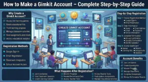Educational infographic showing how to make a Gimkit account, including registration methods, information entry, account verification, and dashboard access for students and teachers.