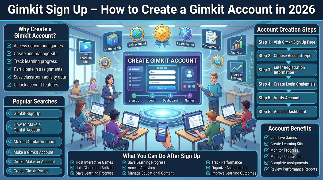Educational infographic showing how to create a Gimkit account in 2026, including sign-up steps, account setup process, dashboard access, classroom tools, and learning platform features.Gimkit Sign Up Guide 2026: How to Create and Manage a Gimkit Account
