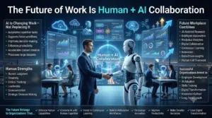 Premium 16:9 infographic illustrating the future of work through collaboration between humans and artificial intelligence, featuring AI-assisted research, intelligent automation, predictive analytics, digital teamwork, and continuous learning in a modern workplace.