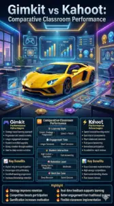 Educational infographic comparing Gimkit and Kahoot classroom performance, highlighting learning styles, engagement time, student interaction, retention levels, and best educational use cases.Gimkit vs Kahoot for High School Classrooms: Smart Review Guide for Beginners