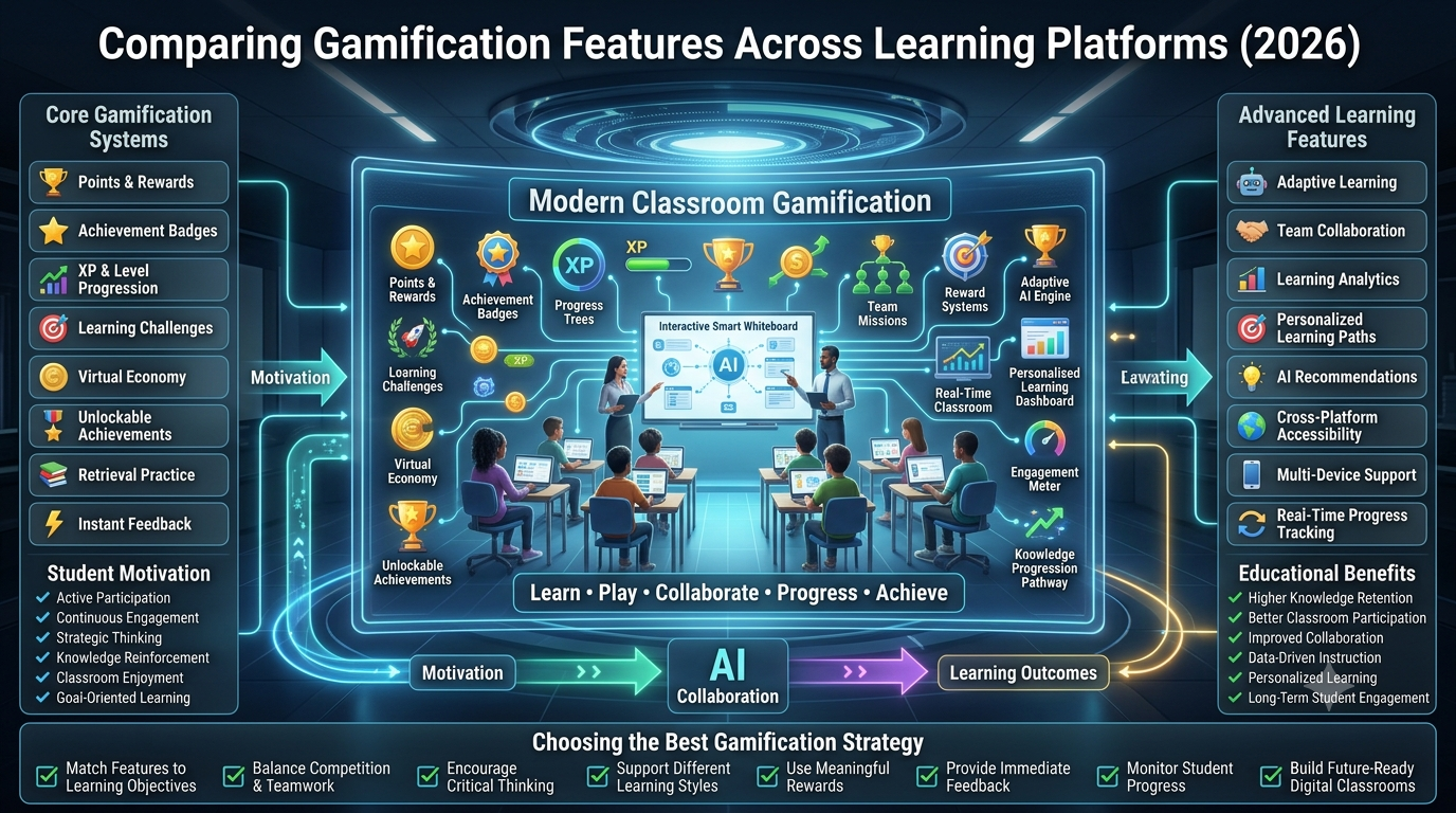 Premium 16:9 educational technology infographic comparing gamification features across learning platforms, highlighting AI-powered classrooms, points, badges, XP progression, adaptive learning, collaboration, learning analytics, personalized learning paths, and student engagement.Comparing Gamification Features Across Learning Platforms: Complete Expert Guide (2026)