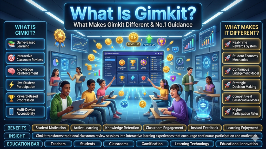 Modern educational technology infographic showing Gimkit game-based learning, classroom engagement features, student participation, gamification systems, rewards, and interactive learning tools.What Is Gimkit? What Makes Gimkit Different & No.1 Guidance
