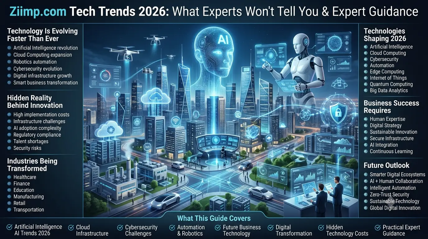 Premium 16:9 technology infographic illustrating the top tech trends of 2026, featuring artificial intelligence, cloud computing, cybersecurity, automation, robotics, smart cities, and digital transformation with expert insights and futuristic business technology visuals.Ziimp.com Tech Trends 2026: Future Technology, AI, Cybersecurity & Digital Innovation Guide & Ziimp .com Tech