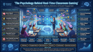 Educational psychology infographic illustrating how real-time classroom gaming improves active recall, immediate feedback, continuous participation, visible progress, repeated practice, motivation, and long-term knowledge retention.Comparing Real-Time Classroom Gaming Platforms for Teachers (2026 Guide)