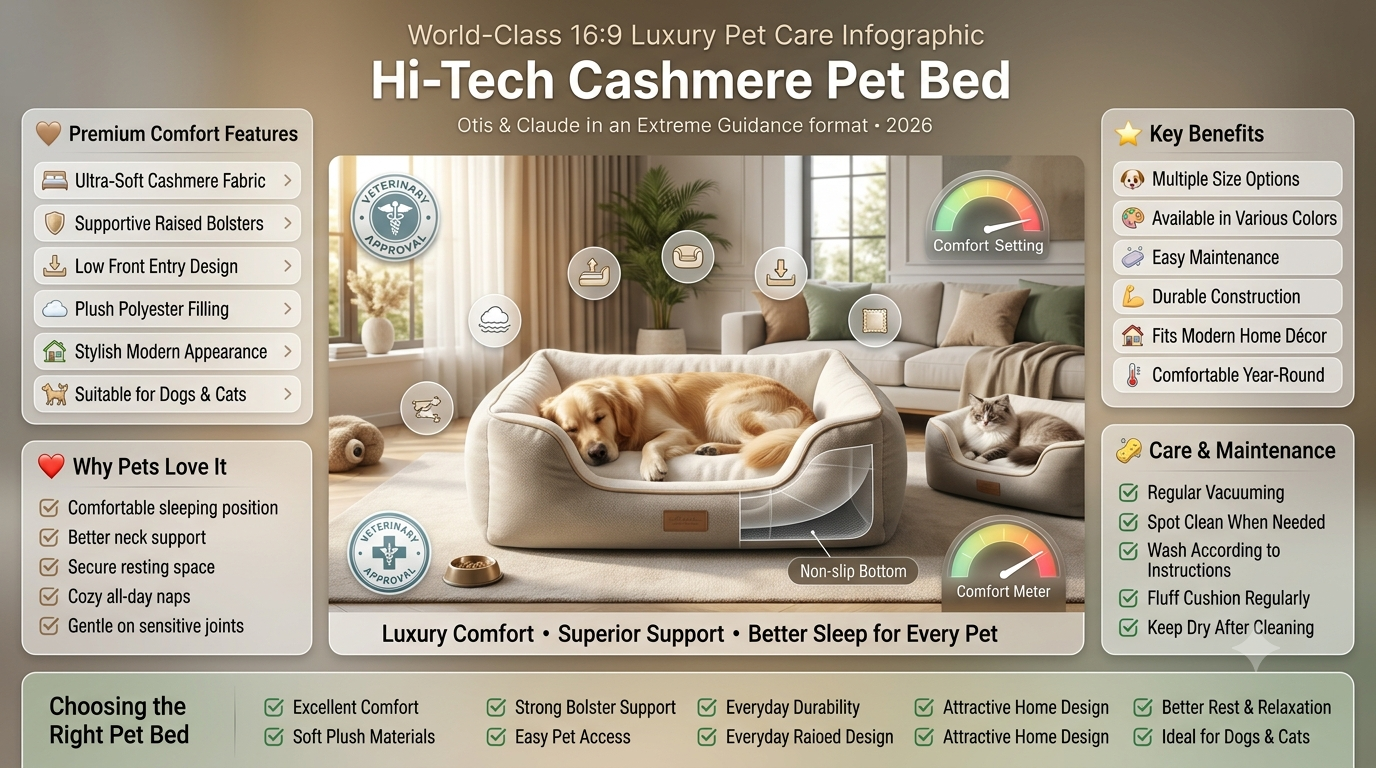 Premium 16:9 luxury pet bed infographic featuring the Otis & Claude Hi-Tech Cashmere Pet Bed with ultra-soft plush fabric, raised bolster support, low-entry design, durable construction, and a comfortable resting space for dogs and cats.Otis & Claude Hi-Tech Cashmere Pet Bed: Complete Expert Guide (2026)