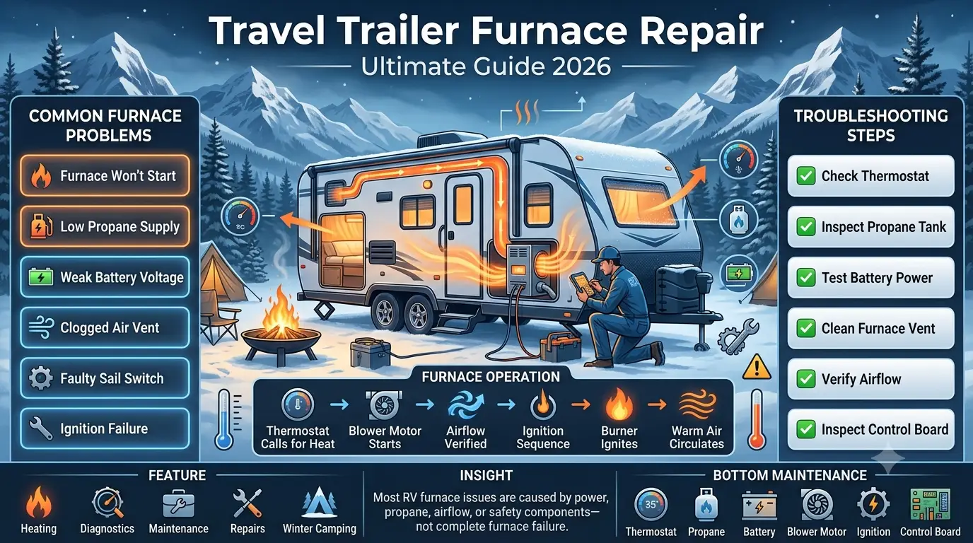 Technical infographic showing a travel trailer furnace repair guide with a cutaway RV heating system, troubleshooting steps, propane supply, thermostat, blower motor, ignition system, and winter camping maintenance tips.Travel Trailer Furnace Repair – Ultimate Guide 2026