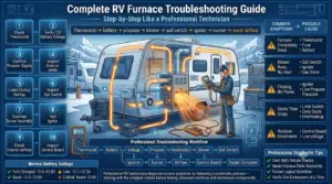 Professional RV furnace troubleshooting infographic illustrating a 10-step diagnostic process, including thermostat checks, battery voltage testing, propane inspection, vent cleaning, sail switch testing, igniter inspection, burner maintenance, airflow verification, and control board diagnostics.