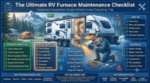 RV furnace maintenance checklist infographic showing seasonal inspections for exterior vents, interior furnace components, airflow pathways, battery voltage, wiring, and electrical connections to ensure reliable heating performance.