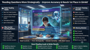 Premium 16:9 educational infographic showing strategic question reading in Gimkit, highlighting keyword recognition, answer comparison, concentration, accuracy improvement, and smarter decision-making for higher leaderboard rankings.