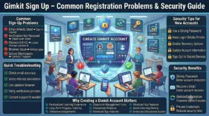 Educational infographic showing common Gimkit sign-up problems, troubleshooting solutions, account security best practices, and benefits of creating a Gimkit account.