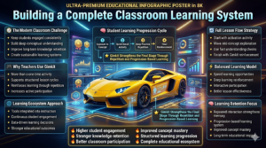 Educational infographic showing a complete classroom learning system using Gimkit, including lesson flow strategies, student learning progression cycles, engagement techniques, and knowledge retention methods.