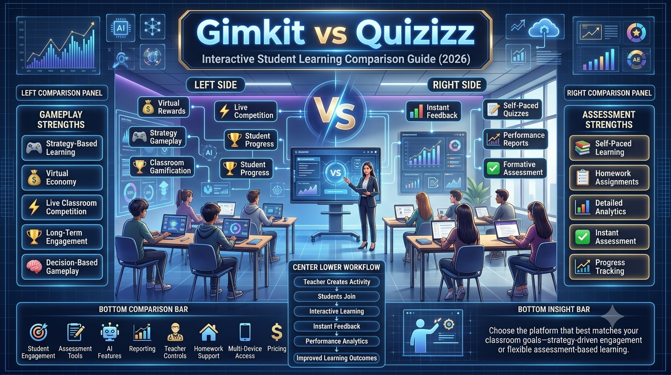 Comparison infographic showing Gimkit and Quizizz for interactive student learning, highlighting differences in game-based engagement, strategy mechanics, classroom assessments, analytics, homework features, teacher controls, and educational technology tools.Gimkit vs Quizizz for Interactive Student Learning (2026 Comparison Guide)