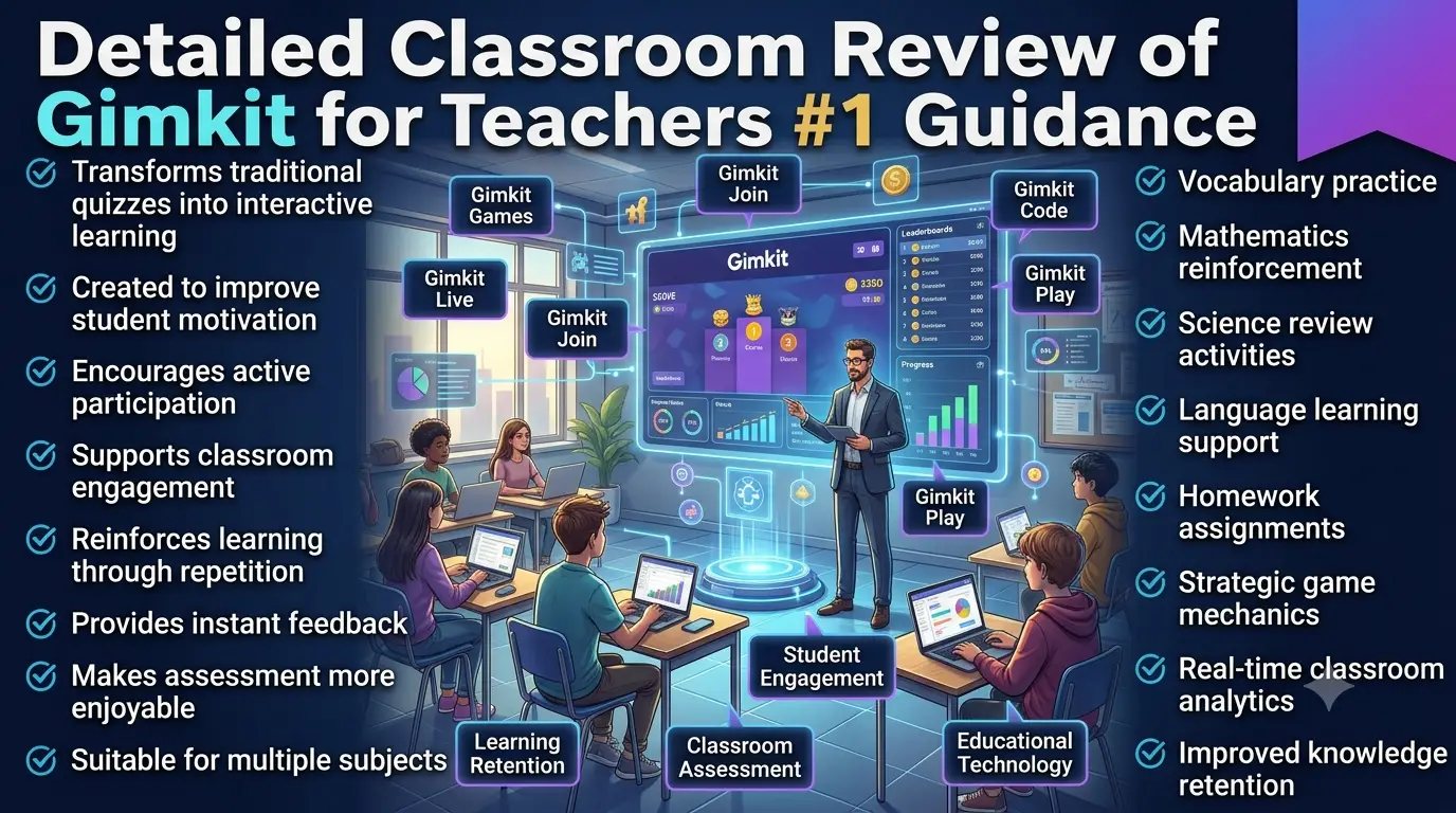 Educational infographic showing a detailed classroom review of Gimkit for teachers, featuring students participating in game-based learning activities while a teacher monitors real-time classroom analytics and engagement metrics.Detailed Classroom Review of Gimkit for Teachers #1 Guidance and Educational Benefits