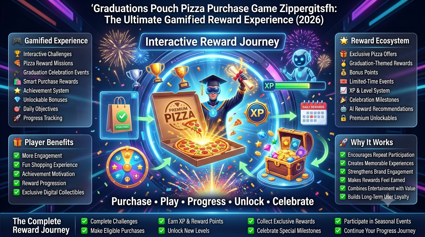 Premium 16:9 gamification infographic illustrating a futuristic reward ecosystem that combines graduation celebrations, pizza purchase rewards, interactive challenges, achievement systems, digital collectibles, XP progression, and milestone-based incentives.Graduations Pouch Pizza Purchase Game Zippergitsfh: Ultimate Gamified Reward Guide (2026)