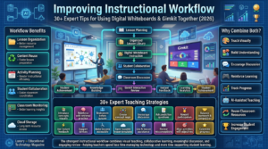 Educational infographic illustrating how teachers can improve instructional workflow by combining digital whiteboards with Gimkit, including lesson planning, collaboration, classroom management, interactive review, analytics, and student engagement.