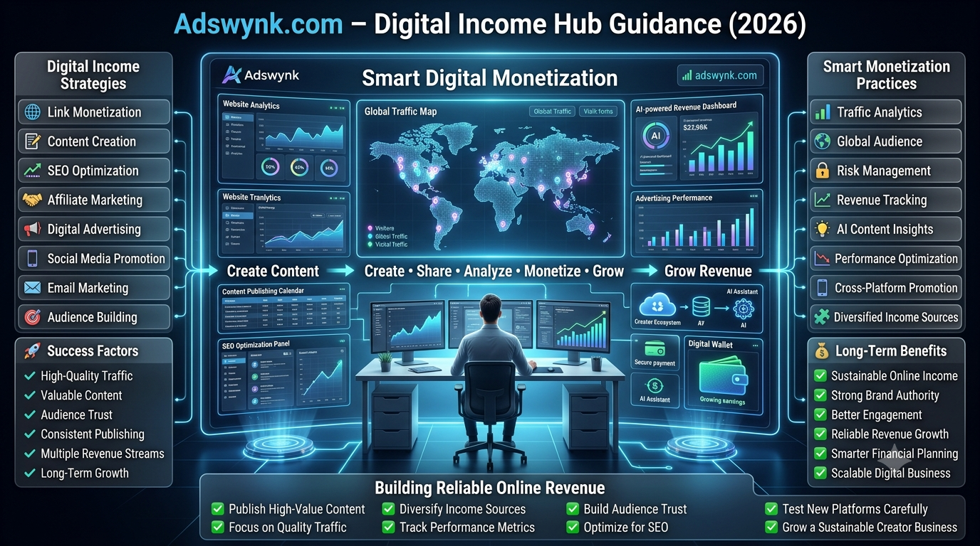 Premium 16:9 digital marketing infographic illustrating sustainable online income strategies, including content creation, link monetization, SEO, audience growth, traffic analytics, affiliate marketing, digital advertising, and AI-powered revenue optimization.Adswynk com – Digital Income Hub Guidance