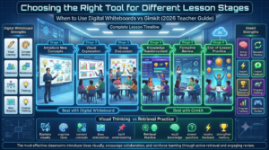 Infographic showing when teachers should use digital whiteboards versus Gimkit during different lesson stages, comparing concept introduction, collaboration, knowledge reinforcement, retrieval practice, and classroom engagement.
