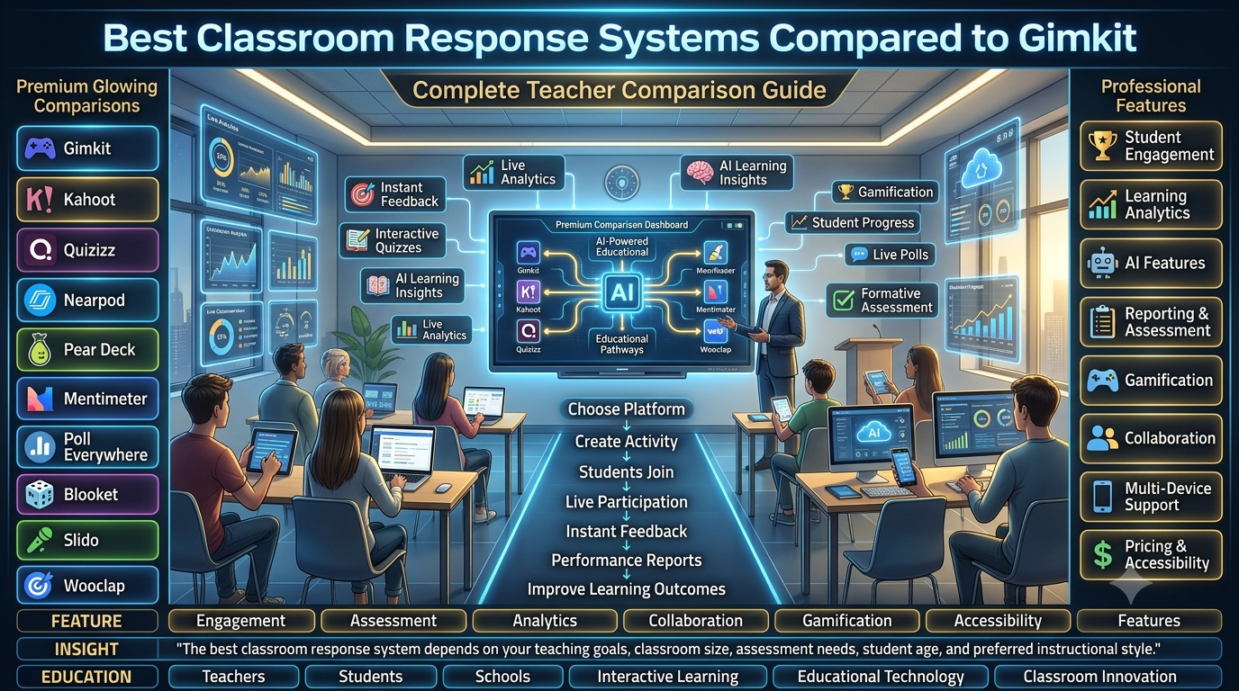 Educational technology comparison infographic showing Gimkit and other classroom response systems, highlighting student engagement, gamification, assessment tools, analytics, AI features, collaboration, and interactive learning platforms.Best Classroom Response Systems Compared to Gimkit