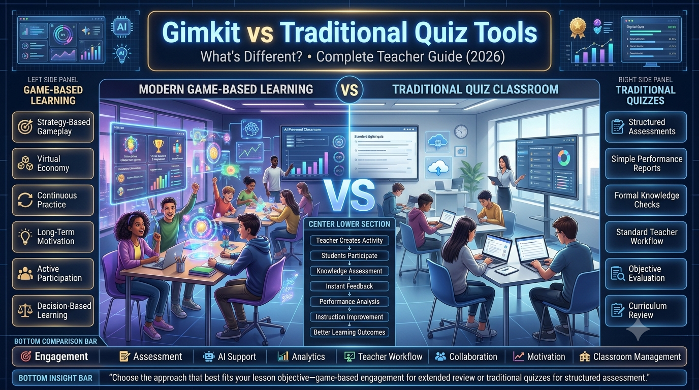 Educational technology comparison infographic illustrating the differences between Gimkit and traditional quiz tools, highlighting game-based learning, classroom engagement, structured assessments, strategy, analytics, reporting, and interactive teaching methods.Gimkit vs Traditional Quiz Tools: What's Different? (2026 Comparison Guide)