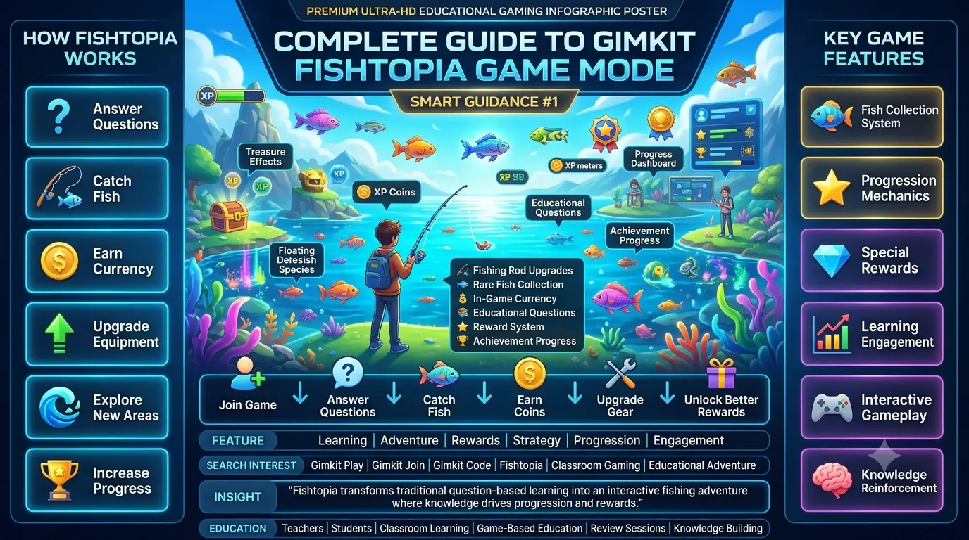 Educational gaming infographic showing Gimkit Fishtopia game mode, fishing-based learning activities, fish collection mechanics, reward systems, student progression, and classroom engagement features.Complete Guide to Gimkit Fishtopia Game Mode – Smart Guidance #1