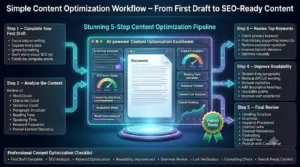Premium 16:9 infographic illustrating a five-step content optimization workflow, including first draft creation, SEO analysis, keyword review, readability improvement, and final publishing checks using AI-powered writing tools.