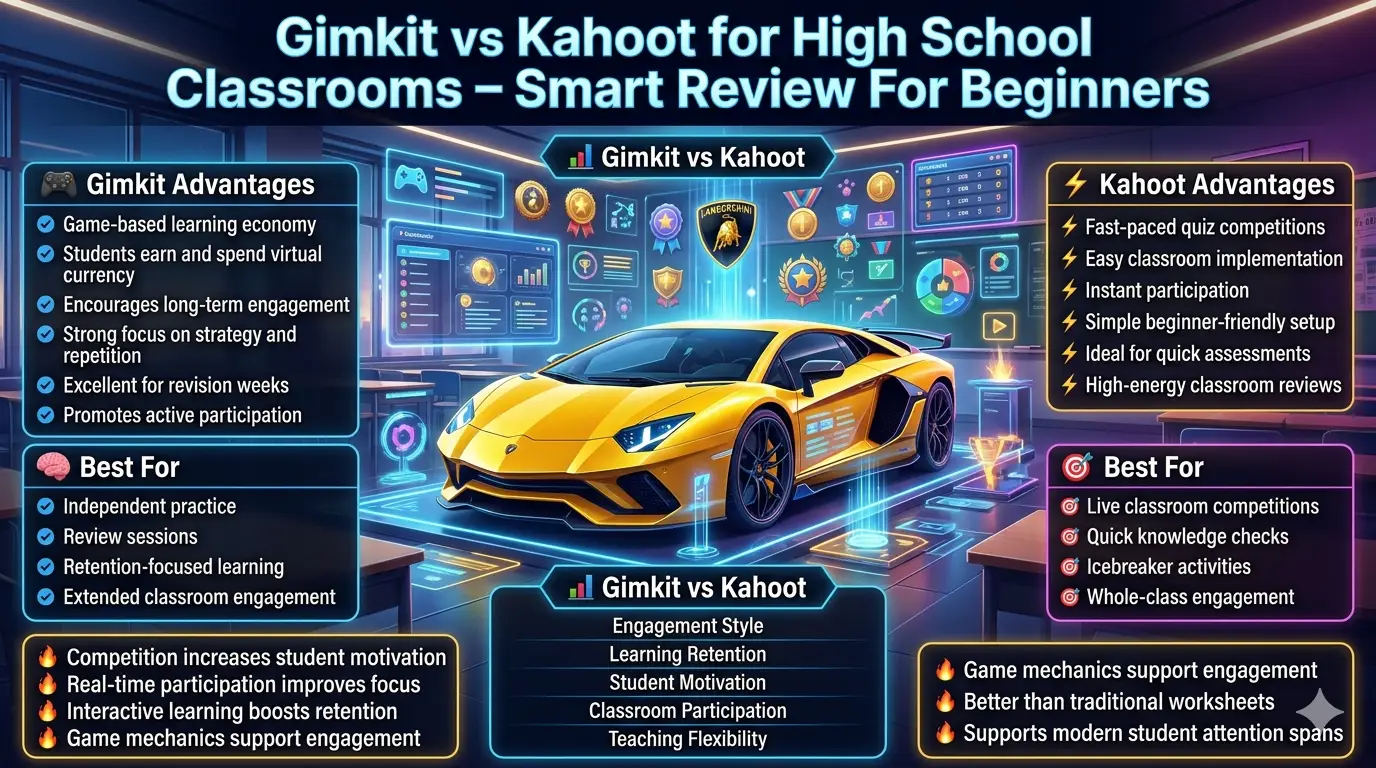 Educational comparison infographic showing Gimkit versus Kahoot for high school classrooms, highlighting engagement, participation, gamification, learning retention, and classroom review benefits.Gimkit vs Kahoot for High School Classrooms: Smart Review Guide for Beginners