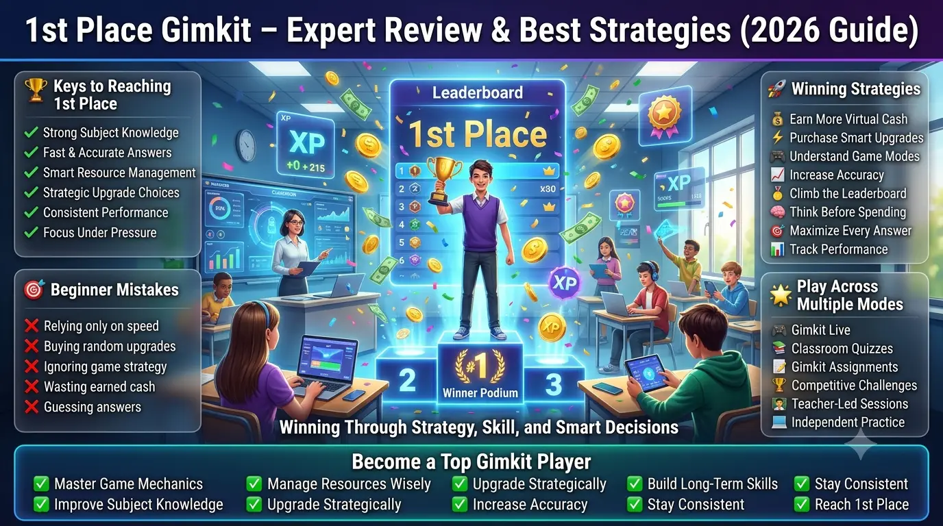 Premium 16:9 educational gaming infographic showing a student reaching first place in Gimkit with a championship leaderboard, strategic upgrades, virtual rewards, classroom competition, and expert gameplay tips.1st Place Gimkit: Expert Review, Winning Strategies & Best Tips for 2026