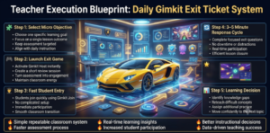 Educational infographic showing a five-step Gimkit exit ticket execution blueprint for teachers, including micro objectives, game launch, student entry, response cycles, and learning decisions.Gimkit Exit Ticket Ideas