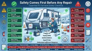 RV furnace safety infographic showing essential repair precautions, including turning off the furnace, shutting off propane, disconnecting power, wearing protective equipment, and recognizing dangerous warning signs.Travel trailer furnace repair