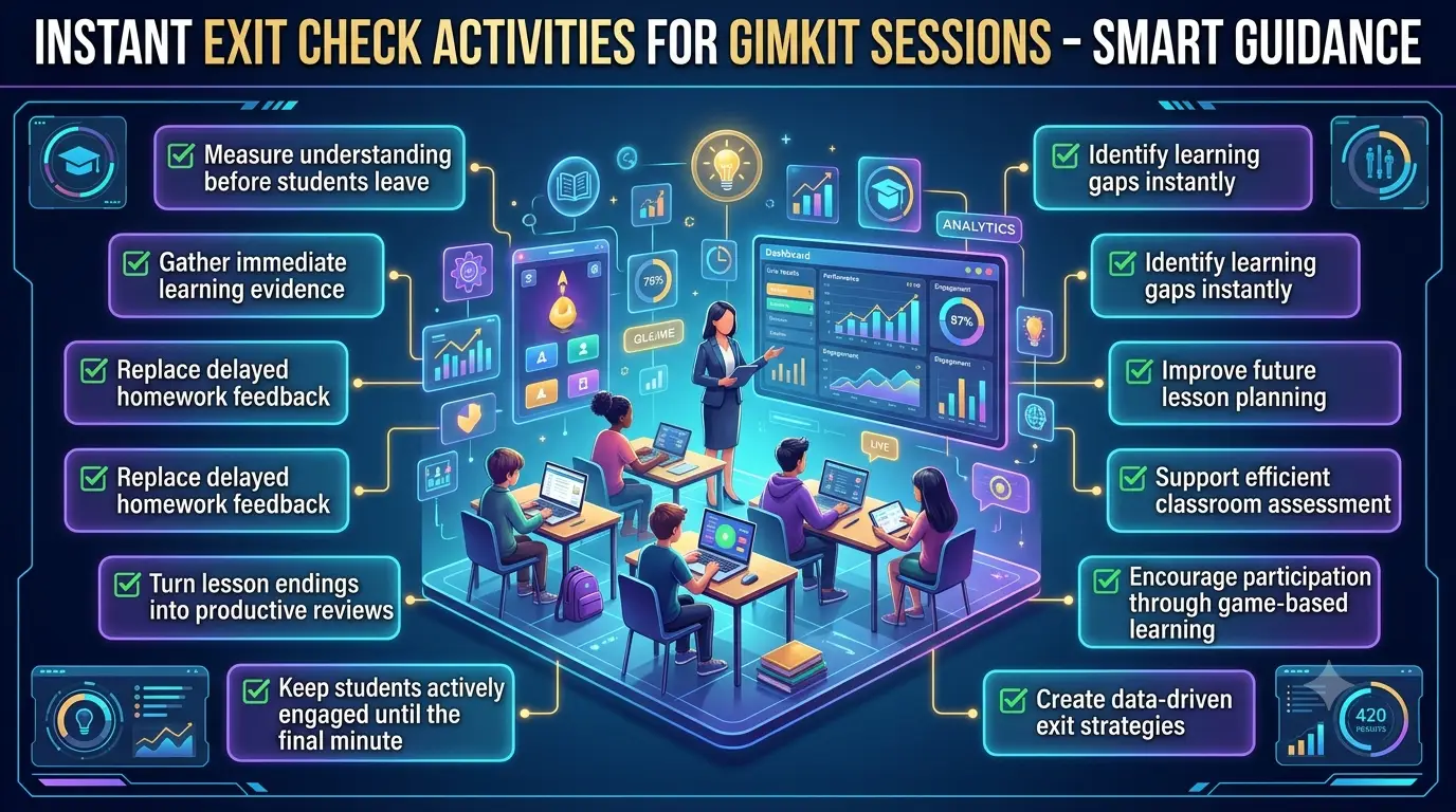 Educational infographic showing Instant Exit Check Activities for Gimkit Sessions with students participating in game-based learning while teachers collect real-time assessment data and engagement feedback.Instant Exit Check Activities for Gimkit Sessions That Improve Student Assessment and Engagement