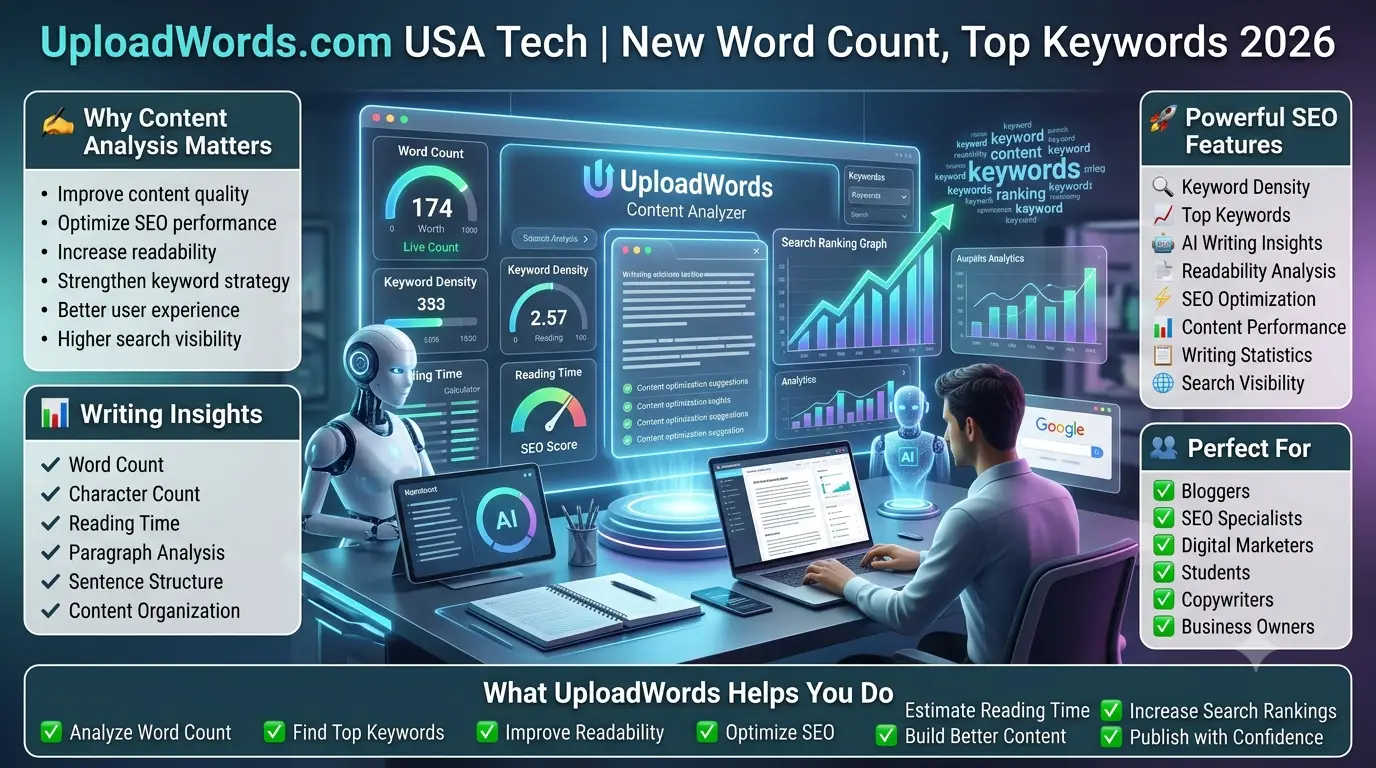 Premium 16:9 infographic showing an AI-powered content analysis dashboard with word count, keyword density, reading time, SEO optimization, readability analysis, and writing statistics for content creators and digital marketers.UploadWords.com USA Tech 2026: Word Count, Top Keywords, SEO & Content Analysis Guide
