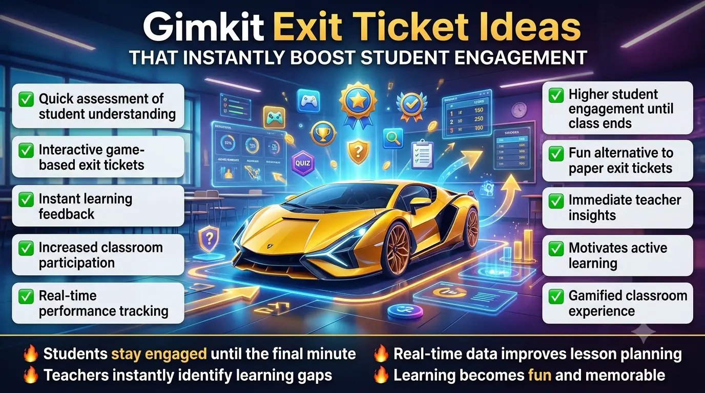 Educational infographic about Gimkit exit ticket ideas that boost student engagement through game-based learning, featuring a futuristic classroom design and interactive assessment concepts.Gimkit Exit Ticket Ideas That Instantly Boost Student Engagement