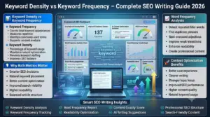 Premium 16:9 SEO infographic comparing keyword density and keyword frequency, featuring AI-powered content analysis, word frequency reports, readability optimization, and professional SEO analytics dashboards.
