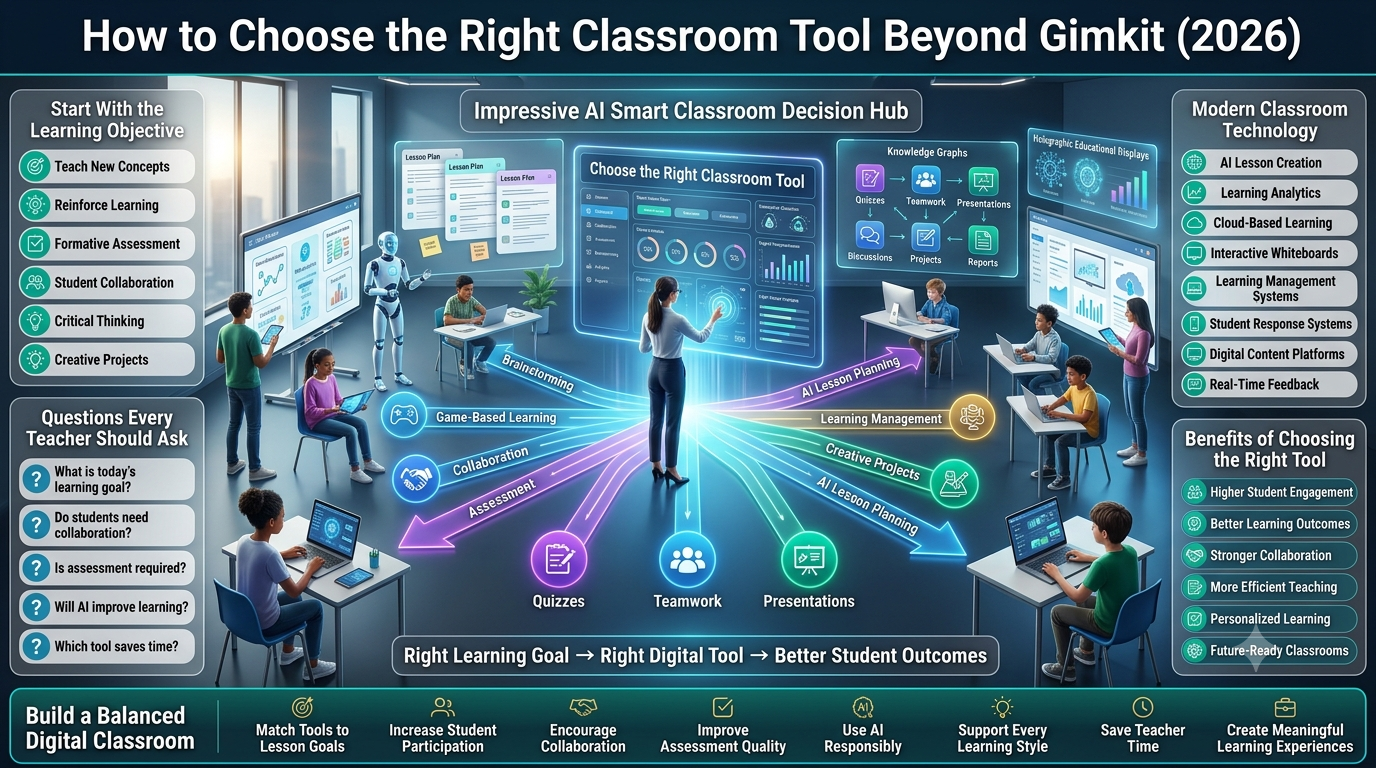 Premium 16:9 educational technology infographic showing how teachers choose the right classroom tools beyond Gimkit using AI-powered learning, collaboration, assessment, digital classrooms, learning analytics, and instructional goals.How to Choose the Right Classroom Tool Beyond Gimkit: Complete Teacher Guide (2026)