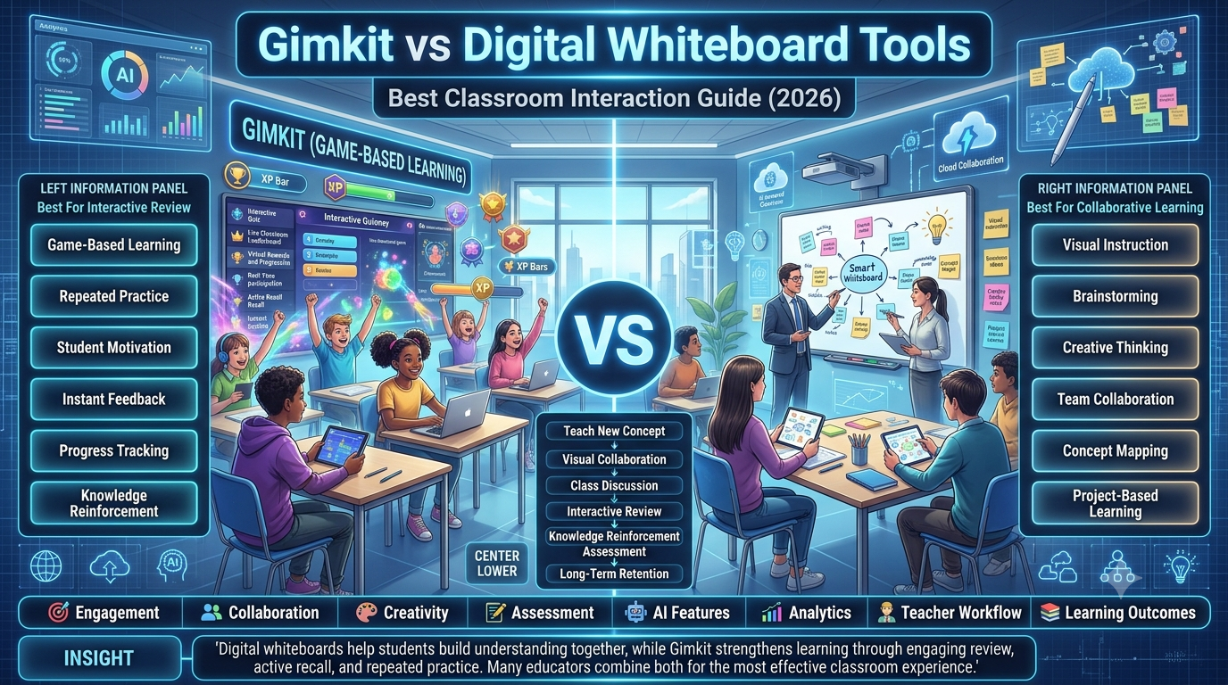 Educational technology comparison infographic showing Gimkit game-based learning alongside digital whiteboard collaboration tools, highlighting classroom engagement, creativity, teamwork, assessment, and interactive instruction.Gimkit vs Digital Whiteboard Tools for Classroom Interaction (2026 Guide)
