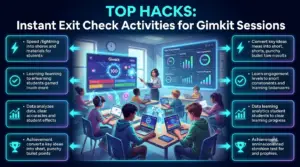 High-tech educational infographic showing top hacks for Instant Exit Check Activities for Gimkit Sessions with students engaging in game-based learning and teachers analyzing real-time performance data in a digital classroom.