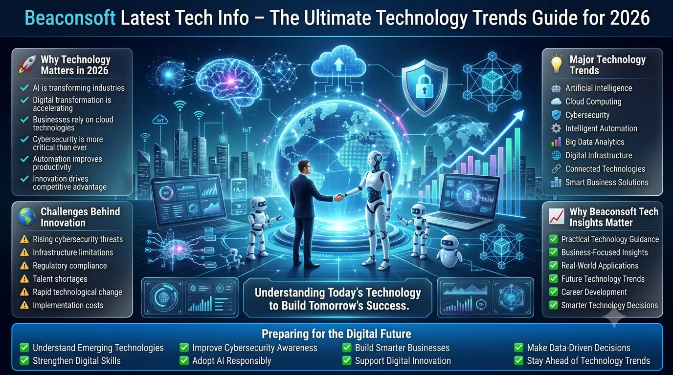Premium 16:9 technology infographic illustrating the top technology trends of 2026, including artificial intelligence, cloud computing, cybersecurity, automation, digital transformation, big data analytics, and smart business innovation.Beaconsoft Latest Tech Info: Ultimate Technology Trends Guide for 2026