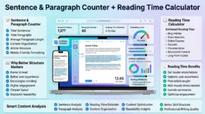 Premium 16:9 infographic showing a sentence counter, paragraph counter, reading time calculator, readability score, and AI-powered content analysis dashboard for writers, bloggers, and SEO professionals.
