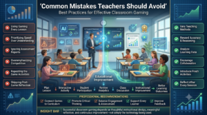 Educational infographic highlighting common classroom gaming mistakes and best teaching practices, including balancing engagement with assessment, encouraging collaboration, reviewing learning analytics, and connecting games to curriculum objectives.