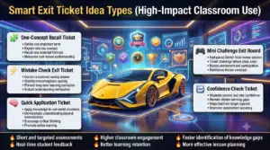 Educational infographic showing five smart Gimkit exit ticket ideas including recall tickets, mistake checks, application tasks, mini challenge rounds, and confidence checks for improving student engagement and assessment.5 Smart Gimkit Exit Ticket Ideas That Maximize Student Learning