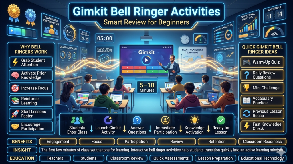Educational infographic showing Gimkit bell ringer activities, classroom warm-up exercises, student engagement strategies, quick review sessions, and interactive learning during the first minutes of class.Gimkit Bell Ringer Activities – Smart Review for Beginners