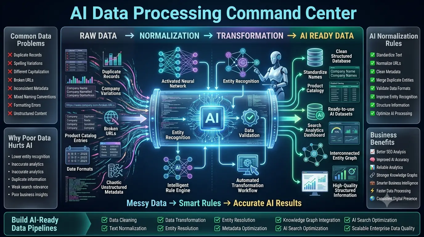 Premium 16:9 AI data engineering infographic showing BrandRank.ai normalization and transformation rules, illustrating how raw data is cleaned, standardized, transformed, and converted into AI-ready datasets for improved SEO, analytics, entity recognition, and business intelligence.brandrank. ai normalization transformation rules​