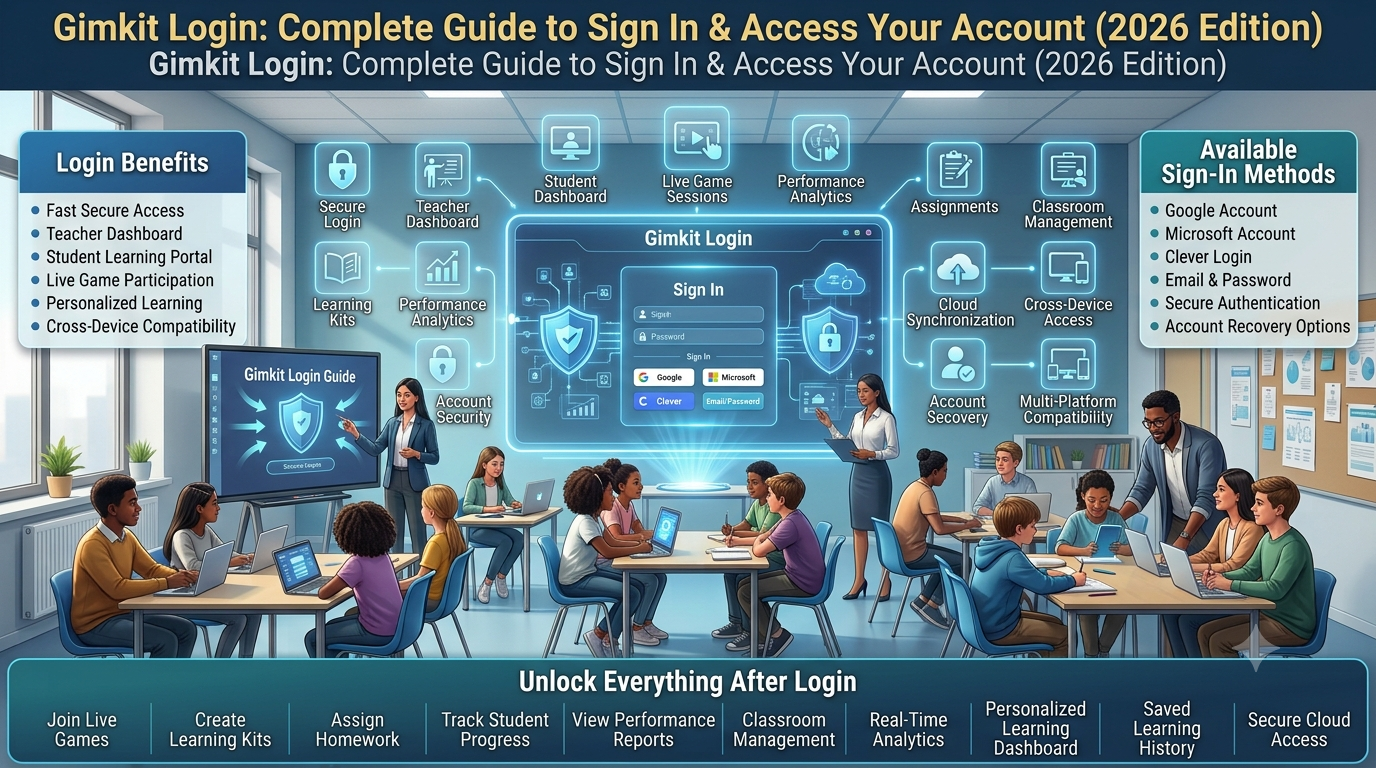 Educational infographic showing a secure Gimkit login dashboard with teachers and students signing in using Google, Microsoft, Clever, and email across laptops, tablets, smartphones, and desktop devices while accessing live games, learning kits, assignments, and classroom analytics.Gimkit Login – Complete Sign In & Account Access Guide (2026)