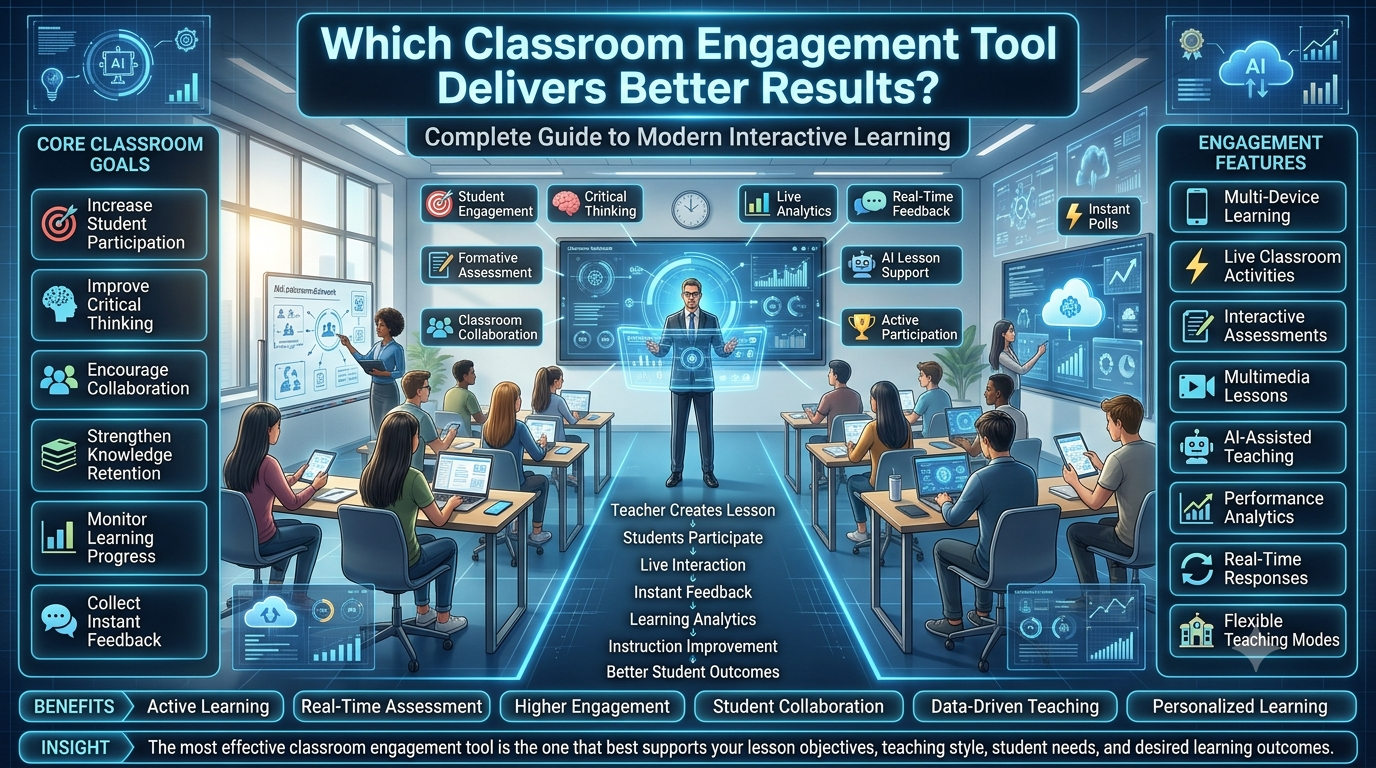 Educational technology infographic illustrating modern classroom engagement tools with interactive learning, AI-assisted teaching, student collaboration, real-time feedback, formative assessment, live analytics, and classroom participation features.Which Classroom Engagement Tool Delivers Better Results? Complete Interactive Learning Guide