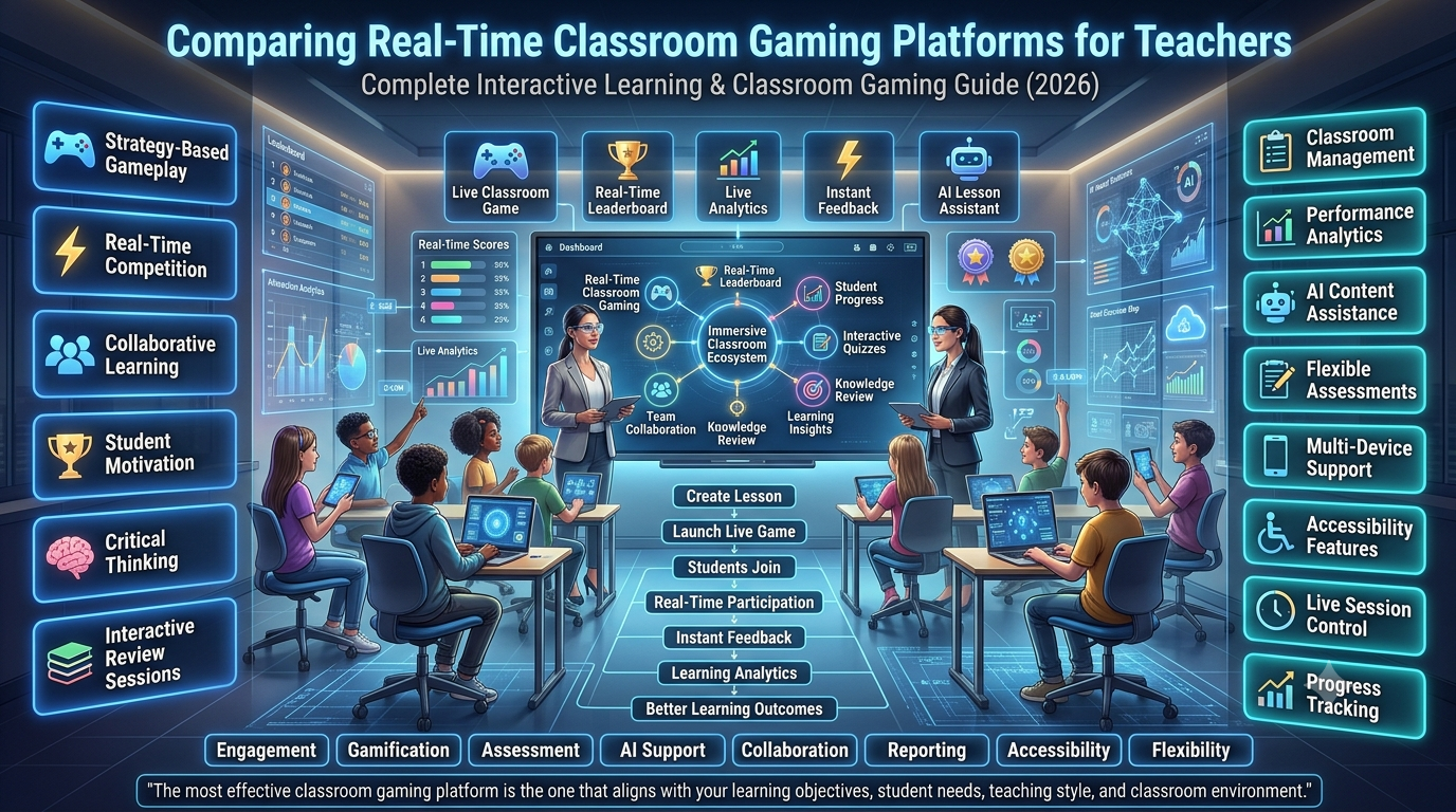 Educational technology infographic comparing real-time classroom gaming platforms, highlighting live quizzes, strategy-based gameplay, student engagement, AI-assisted teaching, classroom analytics, collaboration, assessments, and interactive learning tools.Comparing Real-Time Classroom Gaming Platforms for Teachers (2026 Guide)