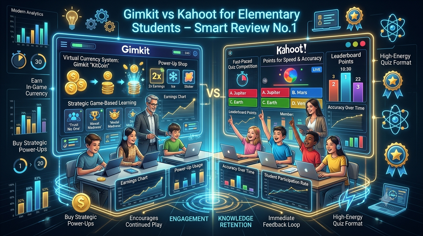 Futuristic infographic comparing Gimkit and Kahoot for elementary students, showing game-based learning features, classroom engagement, and interactive quiz experiences.Gimkit vs Kahoot for Elementary Students – Smart Review No.1