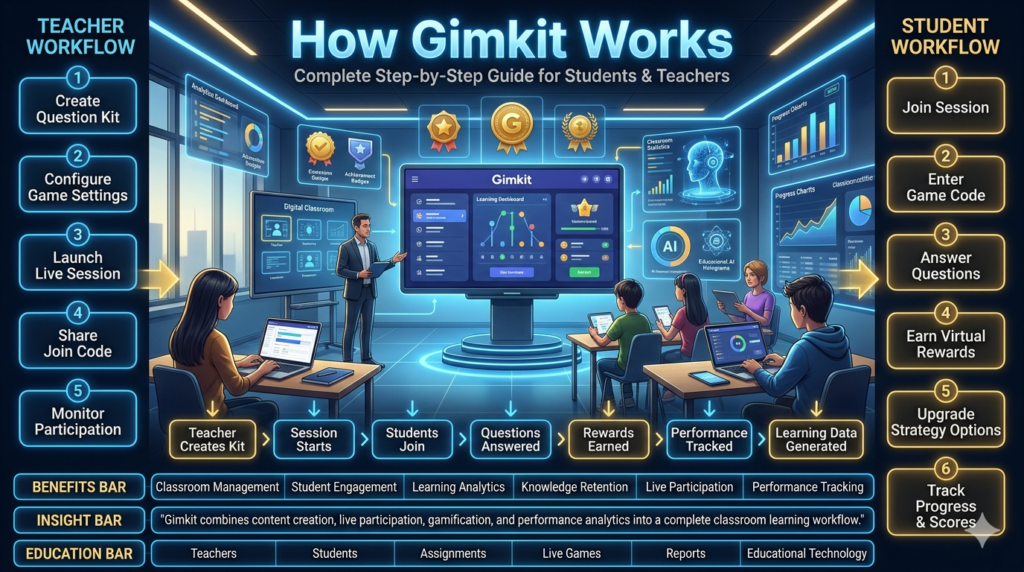 Educational technology infographic showing the complete Gimkit workflow, including teacher setup, classroom management, student participation, gamified learning, performance tracking, and learning analytics.How Gimkit Works: Complete Step-by-Step Guide for Students and Teachers