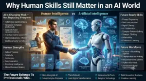 Premium 16:9 infographic showing humans and artificial intelligence working together, highlighting future-ready skills such as critical thinking, prompt engineering, creativity, leadership, communication, and AI collaboration in the evolving digital workplace.