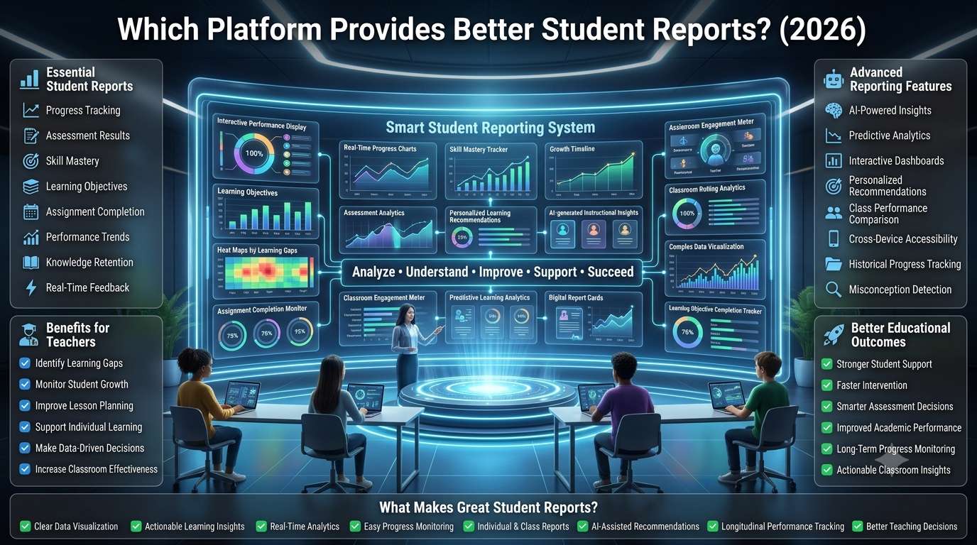 Premium 16:9 educational technology infographic comparing student reporting systems with AI-powered analytics dashboards, progress tracking, assessment reports, learning insights, performance visualization, and classroom data analysis.Which Platform Provides Better Student Reports? Complete Analytics Guide (2026)