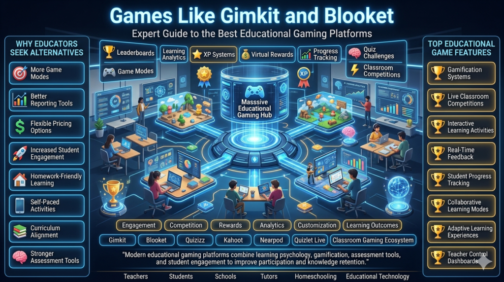 Educational technology infographic showcasing games like Gimkit and Blooket, including gamified learning platforms, classroom engagement tools, student participation systems, learning analytics, and educational game features.Games Like Gimkit and Blooket Expert Guide No.1
